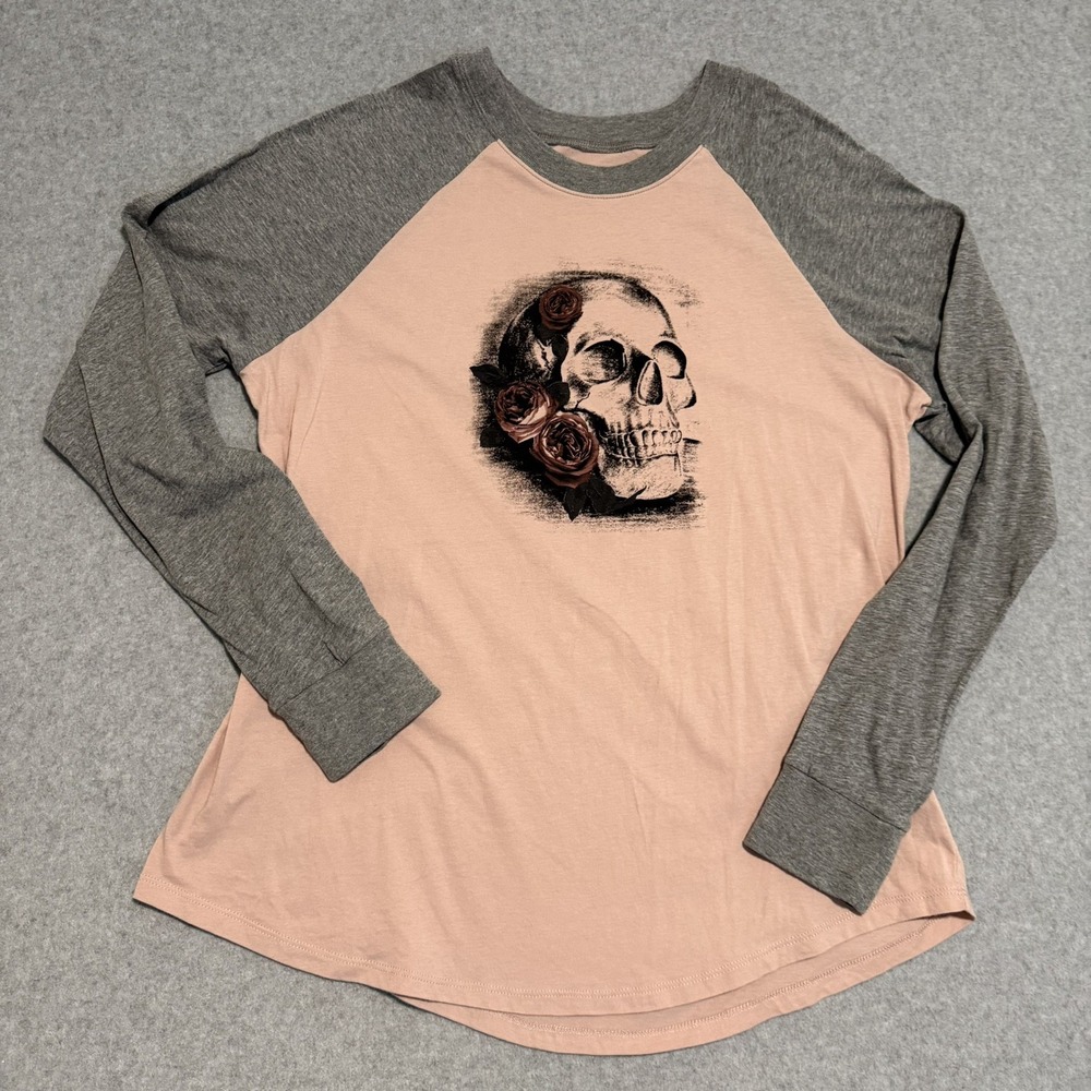 Torrid Skull Roses Raglan Long Sleeve Shirt Plus Size 0 Pink Grey Gothic Graphic